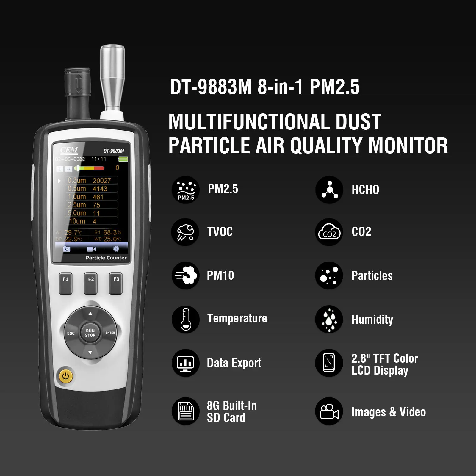 عدادات جزيئات قياس شدة الريح بالليزر المتقدمة CEM DT-9880M DT-9881M DT-9883M نطاق التشغيل من 0 إلى 50 ℃   أوضاع العد المتعددة
