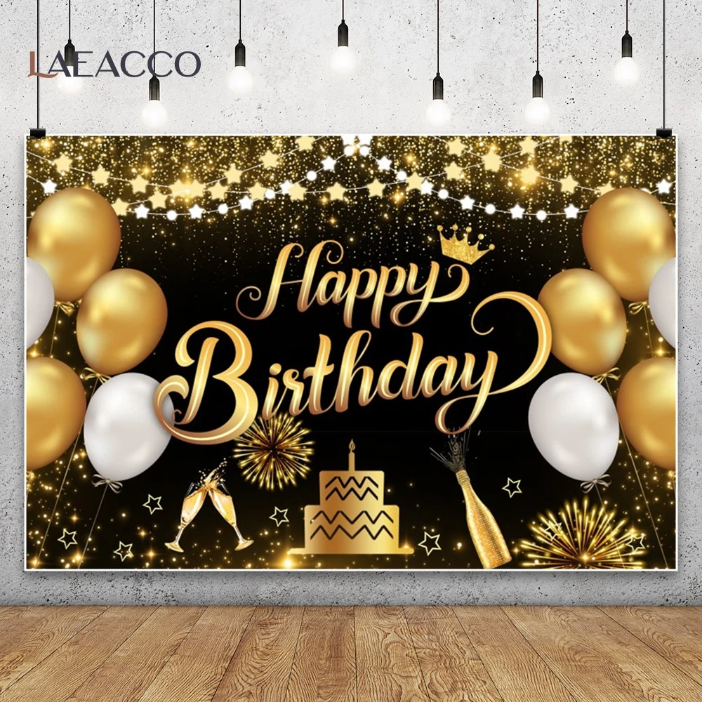 خلفية عيد ميلاد سعيد باللونين الأسود والذهبي ، نجمة لامعة ، زجاجة شامبانيا ، حفلة للبالغين ، بالونات ، كعكة ، صورة عائلية ، خلفية تصوير فوتوغرافي