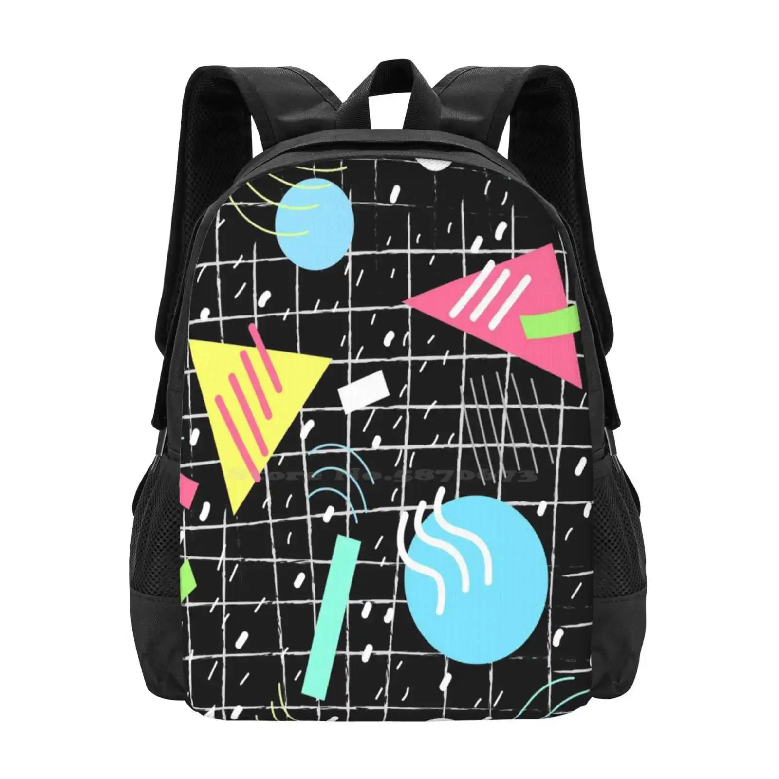 Memphis Style Vibes ( Dark ) Pattern Design Bag Student's Backpack Memphis Style Quirky Grid Geometric 80s 90s 1990 1980