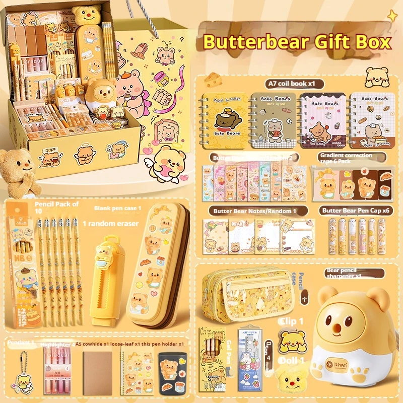 Large Capacity Stationery Set Butterbear Gift Box Cute Pencil Case Gift Kit Abundant School Supplies For Children Back To School