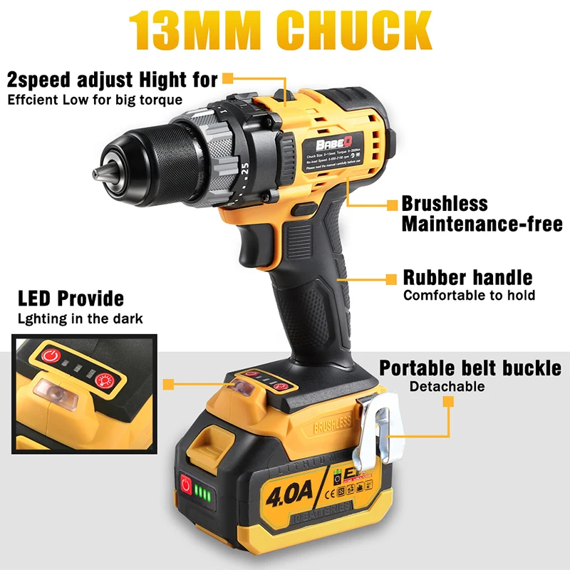 Imagem -04 - Babeq-brushless Broca de Impacto Elétrico Funções Chave de Fenda sem Fio 4.0ah Li-ion Baterias Faça Você Mesmo Power Tool 13 mm 180nm