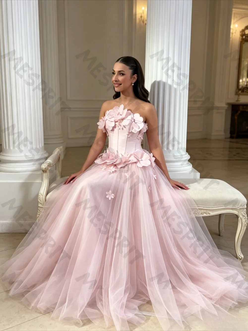 Customized Pink Strapless A-line Mesh Party Dresses with 3D Three-dimensional Flower Brush Trailing Saudi Style Evening Gowns