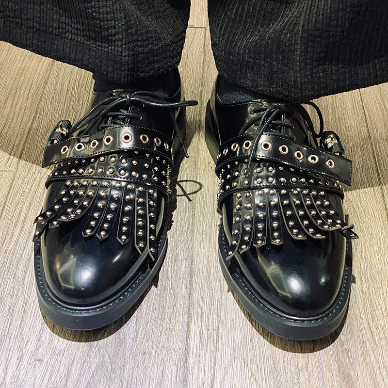 New High End Casual Rivet Genuine Leather Loafers Men Tassel Buckle Black Cowhide Casual Fashion Personalized Oxfords Shoes