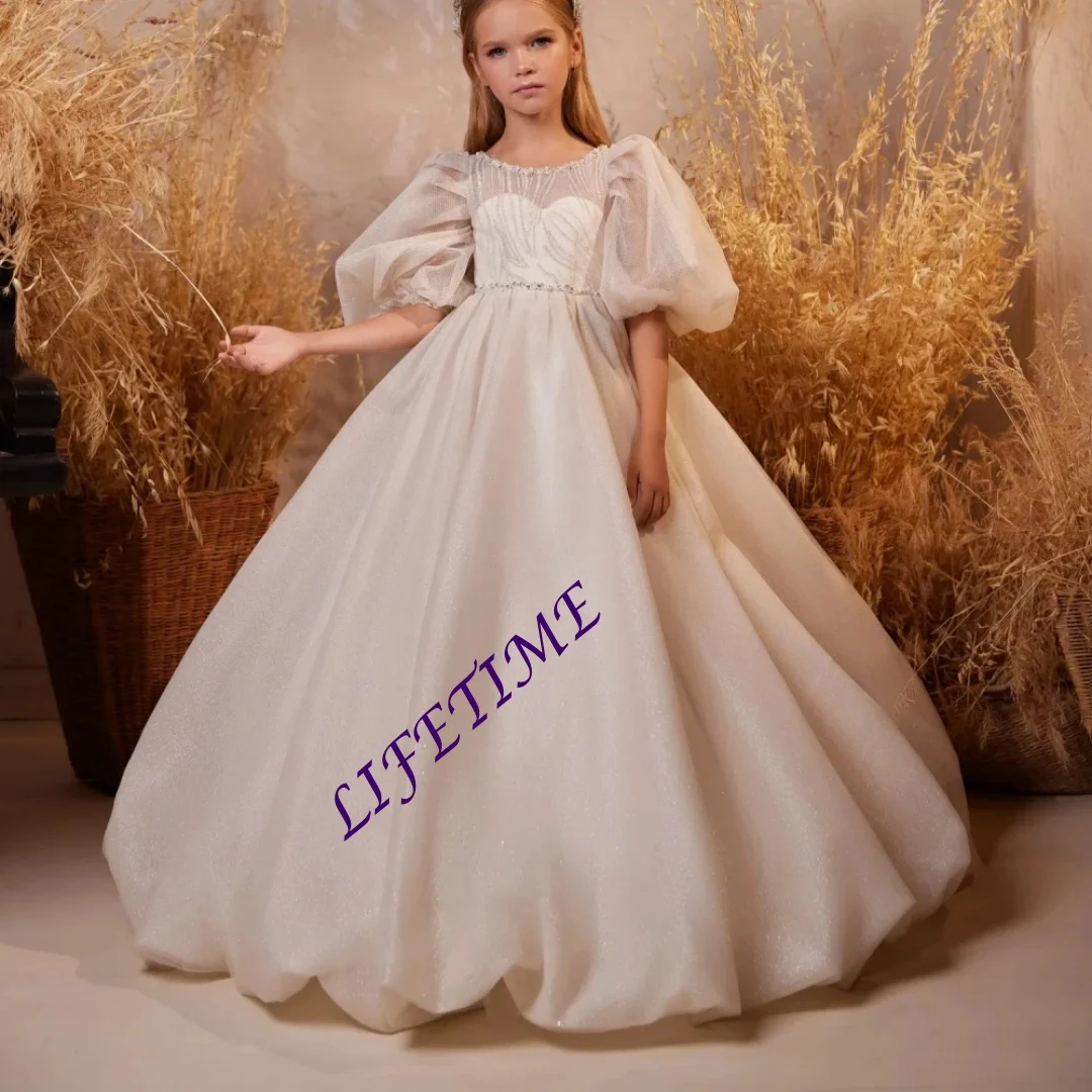 Customized Sequined Puff Sleeve Flower Girls Dress Classic O-neck Backless Princess Gown for Wedding School Performance