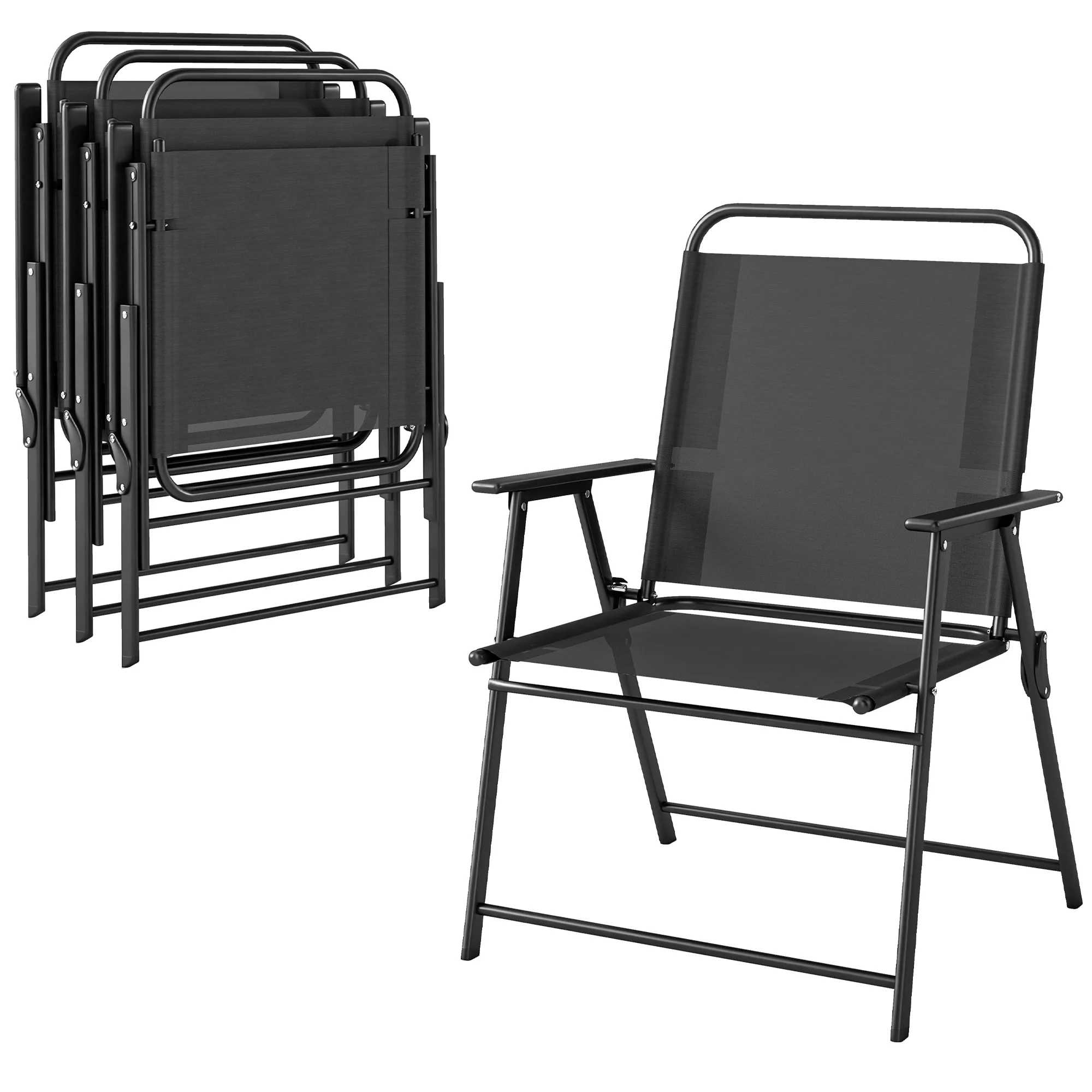 Outsunny Pack de 4 Sillas de Camping Plegables Respaldo Alto Asiento Ancho Negro