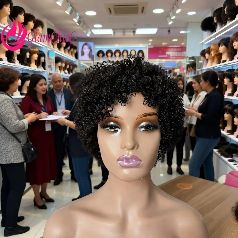 

Премиум-парик из натуральных человеческих волос, короткий, афро-кудрявый, натурального цвета, машинной работы, 180% плотности, бразильские волосы Remy, без клея, готов к носке.