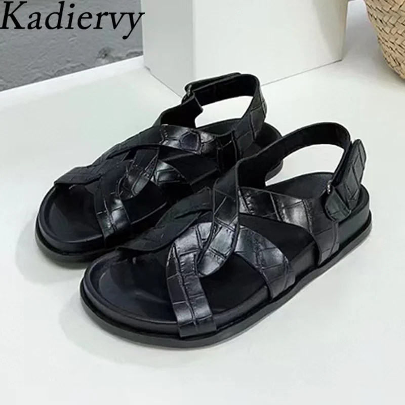 Black Sandals Woman Peep Toe Casual Holiday Beach Shoes Cross Strap Hook & Loop Flat Sandals Women Summer Sandalias Mujer