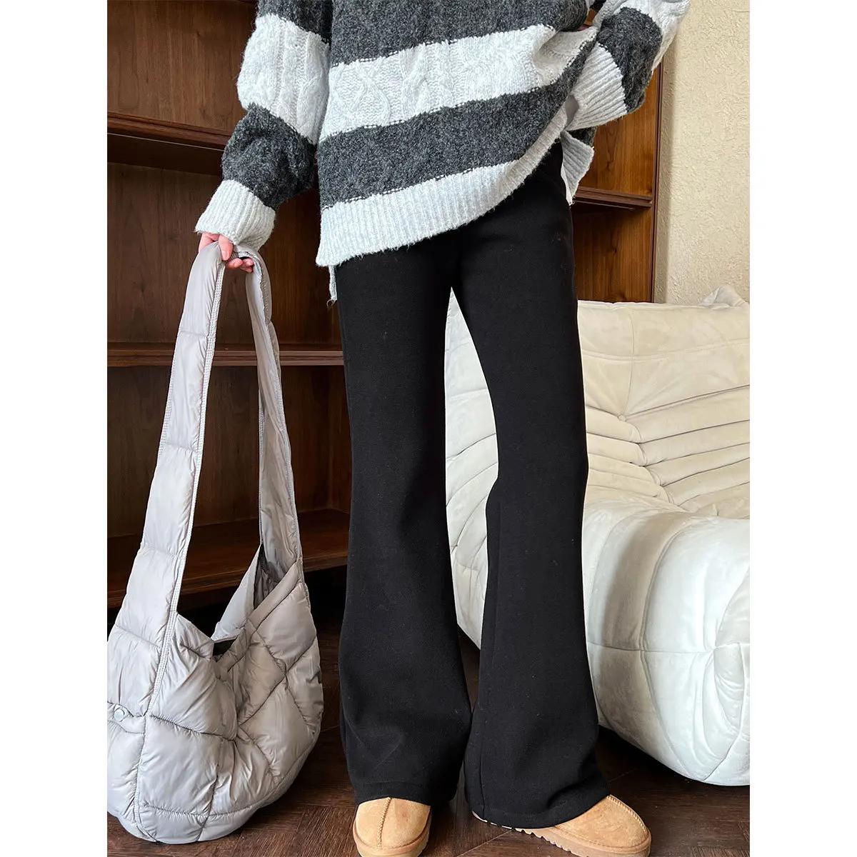 Fleece Lined Thickened Flared Casual Pants For Women Loose Floor-length Trousers