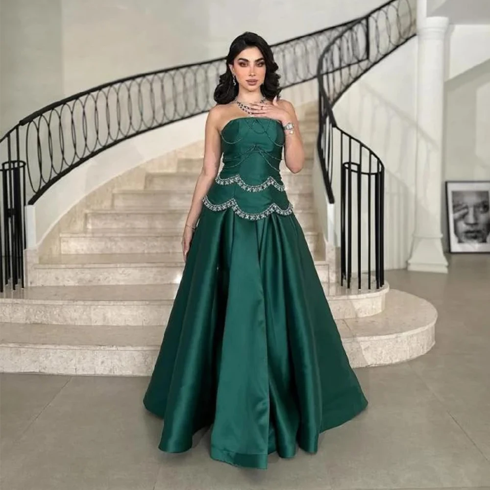 

Flechazo Elegant Green Evening Dress Strapless A-Line Floor Length with Beading Classic Satin Occasion Prom Gowns Customized