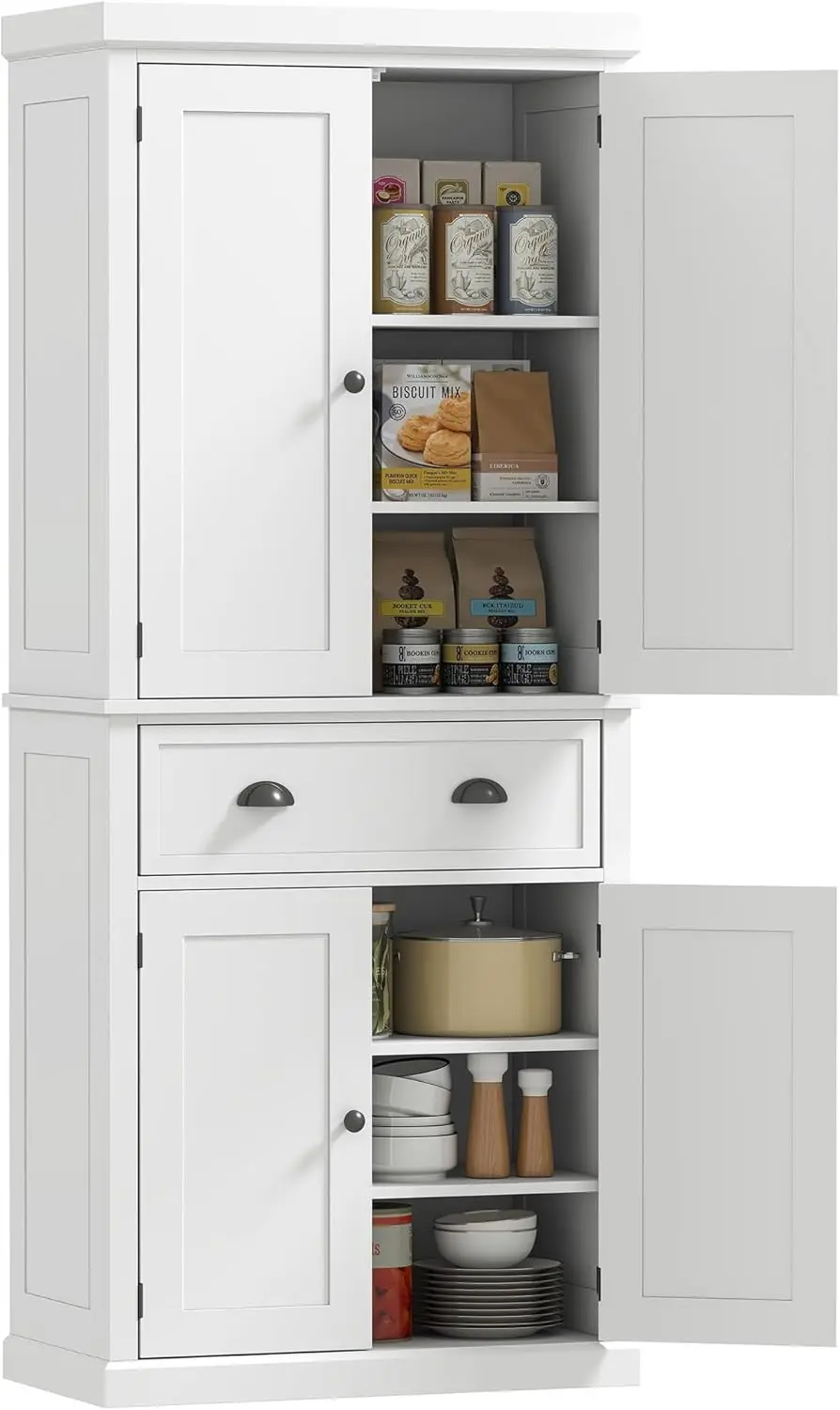 

72.5" Kitchen Pantry Cabinet, Traditional Freestanding Storage Cabinet with 4 Doors, Drawer and 3 Adjustable Shelves, White