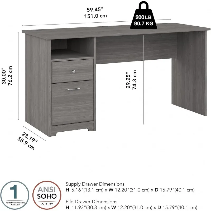 Mesa de computador com gavetas em cinza moderno, estação de trabalho e armazenamento de arquivos, mesa com soluções de organização para escritório doméstico