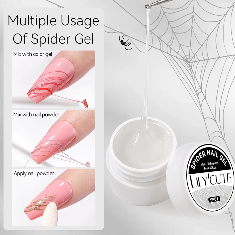 LILYCUTE 8ml Glitzer-Spider-Nagelgel, elastisches Drahtzieh-Gel, Spider-Line-Gel, ablösbarer UV-Gel-Lack, Nagelkunst-Design – Detail 4