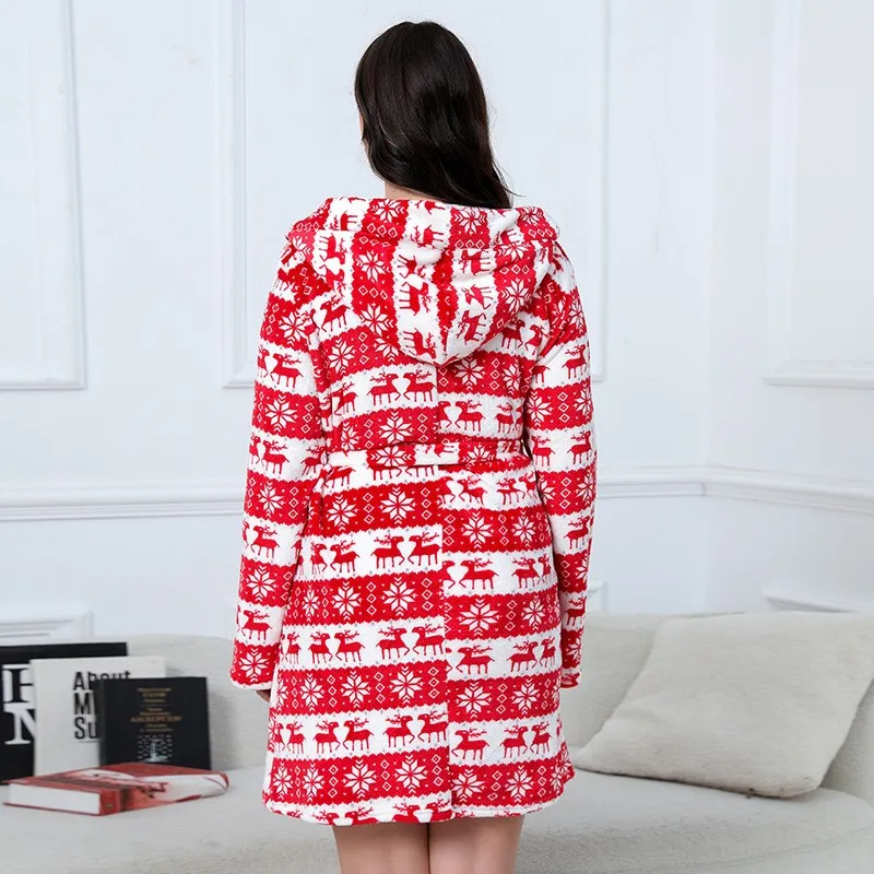 Large Size Hooded Flannel Bathrobe Women Sleepwear Christmas Robe Dressing Gown Nightwear Thick Coral Fleece Bathrobe Homewear