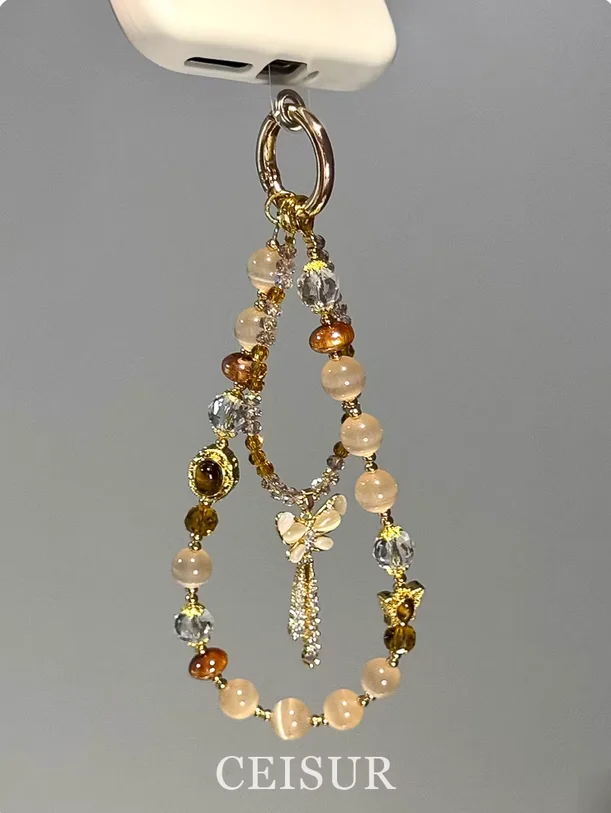 

Подвеска для телефона «кошачий глаз» в стиле Майяра и тигровый глаз с кристаллами и кисточкой-бабочкой, нежная и универсальная подвеска для сумки и камера CCD.