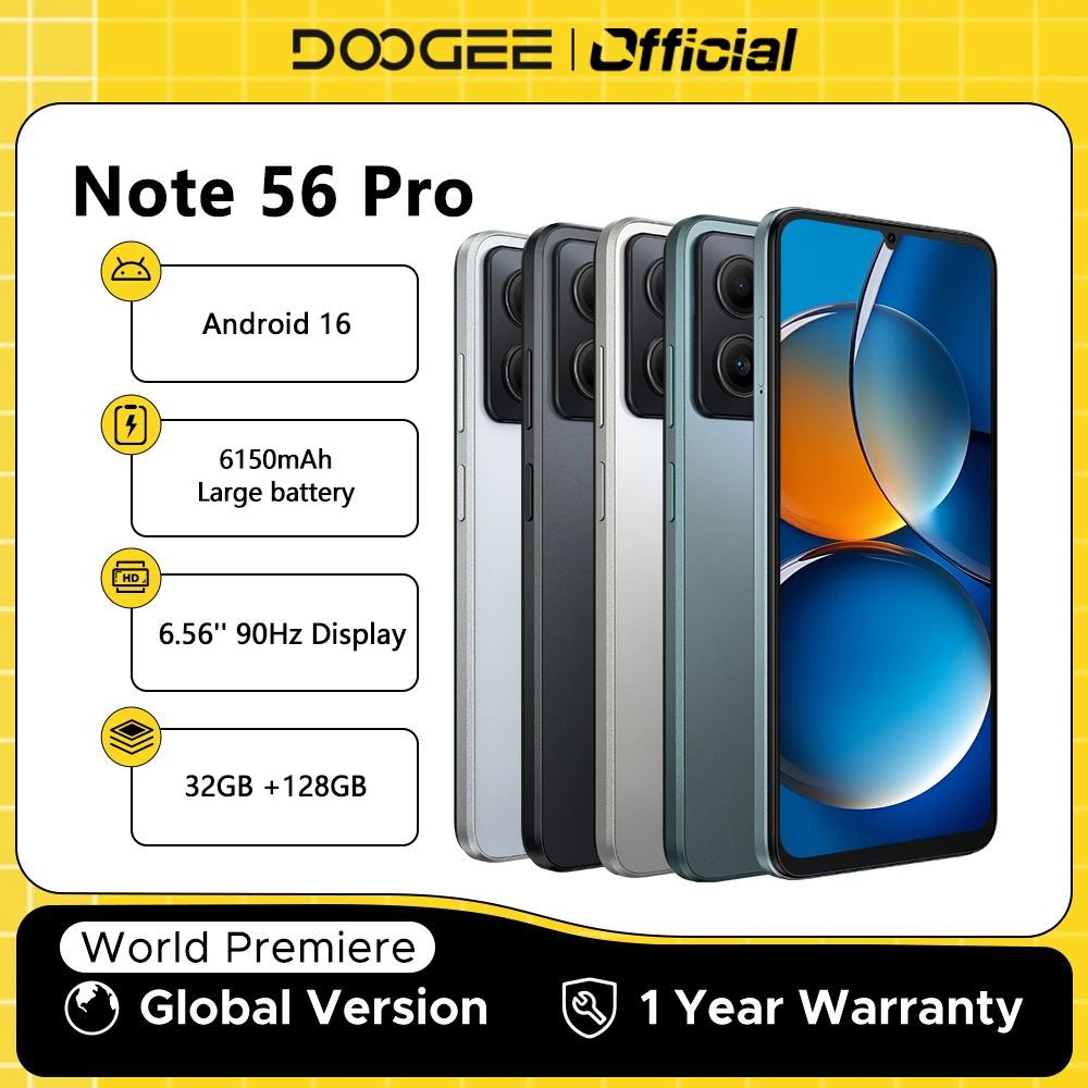 Global Version DOOGEE DOOGEE Note56 Pro Smart phone Android 16 6150mAh Battery 6.56'' 90Hz Screen 32GB 128GB Cell Phone NFC