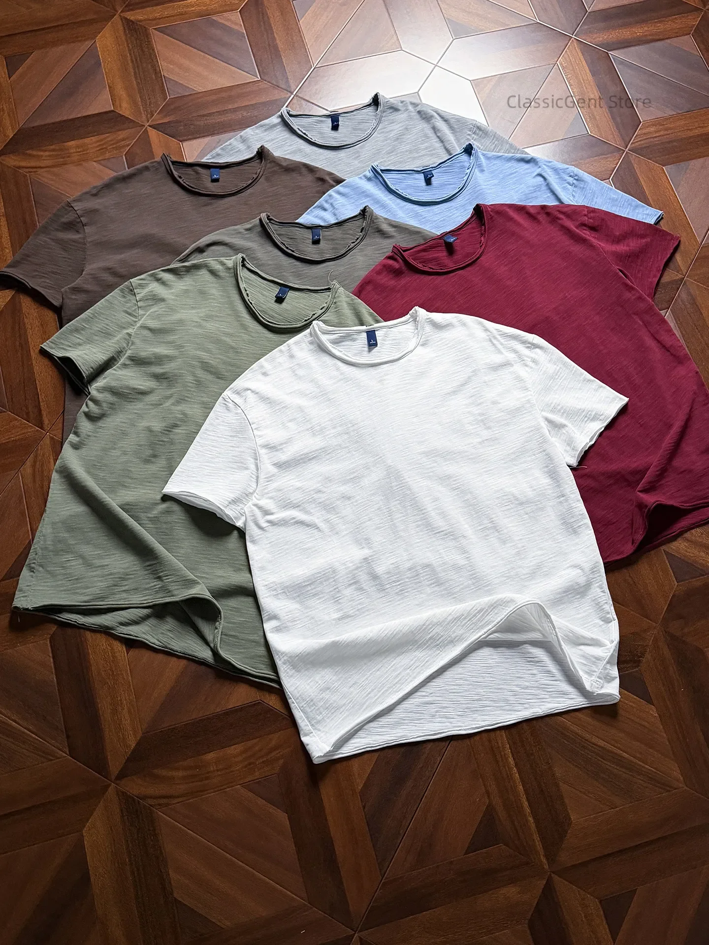 

Custom-woven 9.5OZ pure cotton bamboo fabric, non-deforming, retro round neck net version loose T-shirt