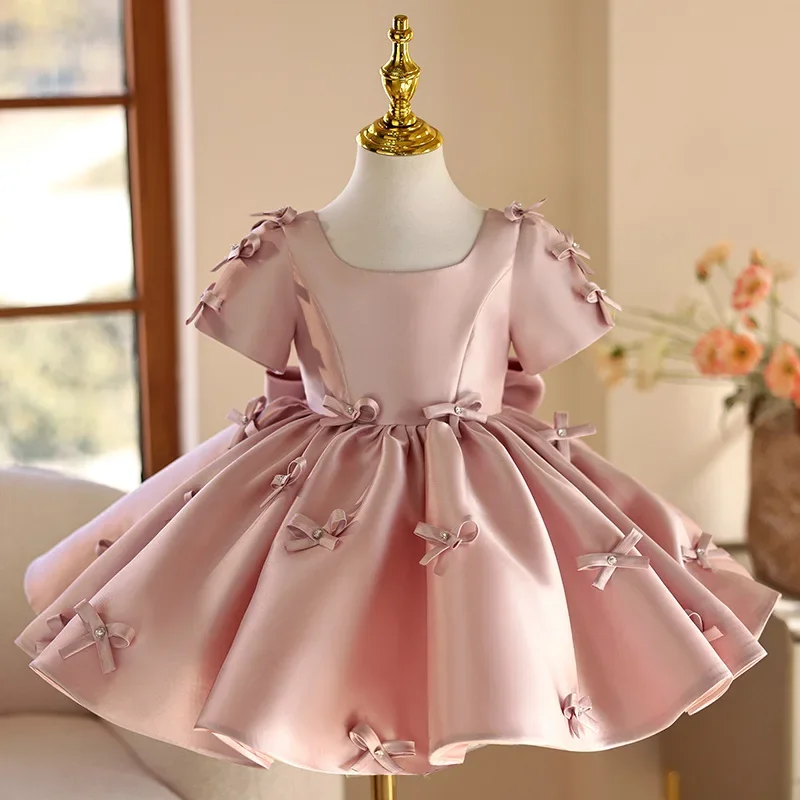Summer Kid Girl Dress Party Solid Color Bow Princess Dresses Little Girls Birthday One Year Old Evening Piano Performance Frock