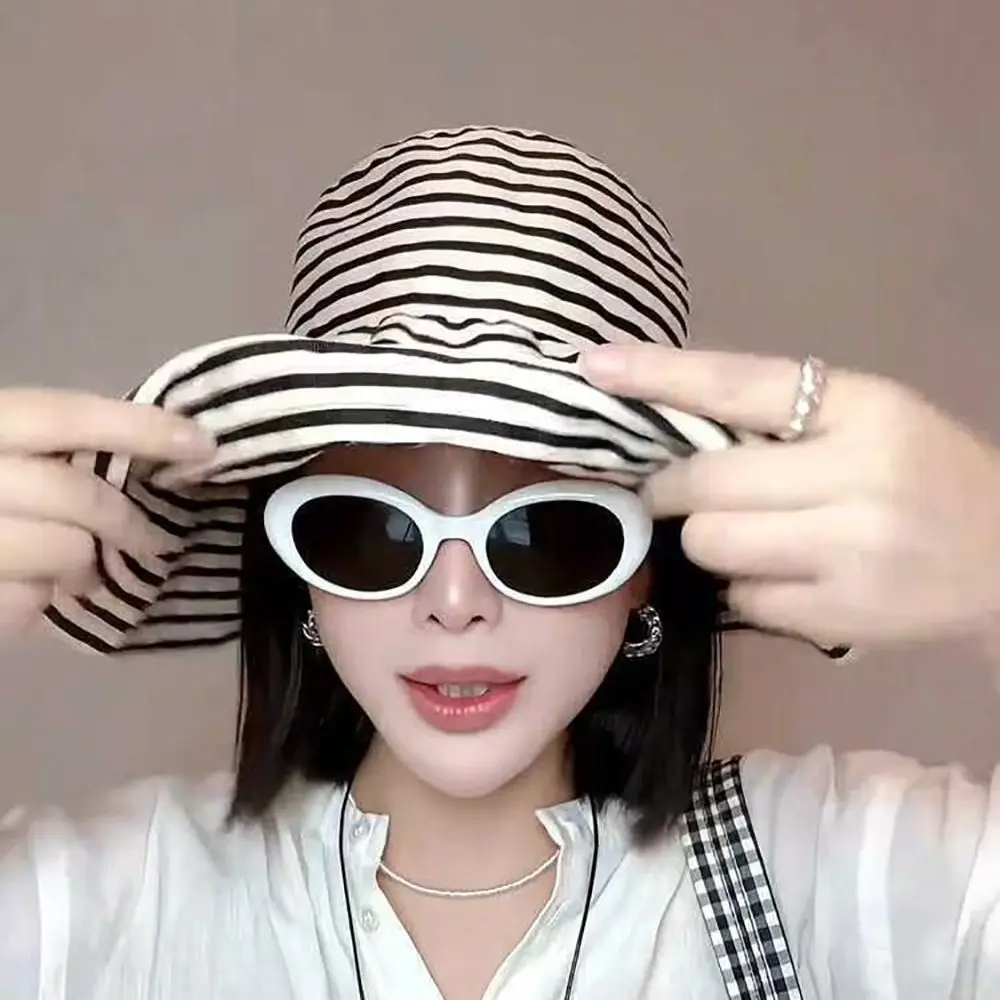 1 قطعة دائم Sunproof مخطط قبعة بحافة محيط الرأس الكبير طوي قبعة صيفية موضة ريترو واقية من الشمس حوض قبعة النساء