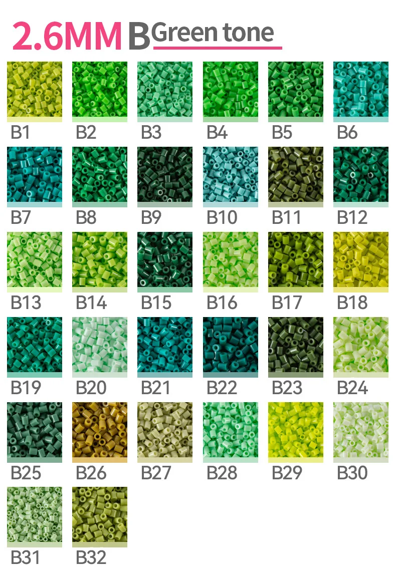 2.6mm Perler Beads Refill Pack 32 Colors Green Series 1000pcs Fusible Fuse Beads for DIY Art Craft Mosaic Puzzle