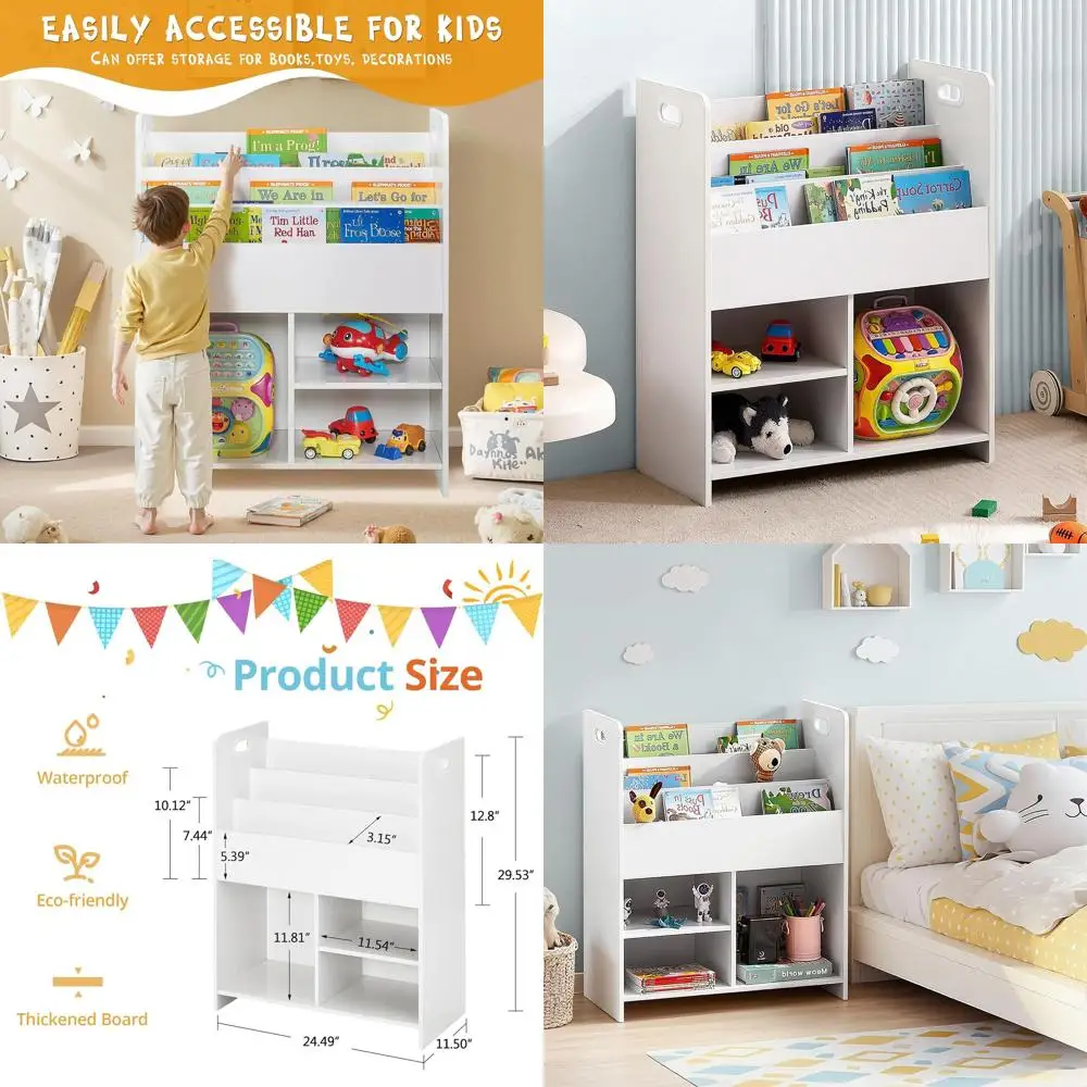 

3-Tier Wooden Kids' Bookshelf with 2-Tier Storage, White, Ideal for Playroom, Bedroom, or Nursery