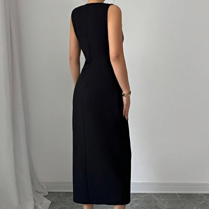Chinese Style O-Neck Split Dress Bow Elegant Slim Ankle-Length Dresses 2026 Spring Summer Casual Sleeveless Sheath Dress Women