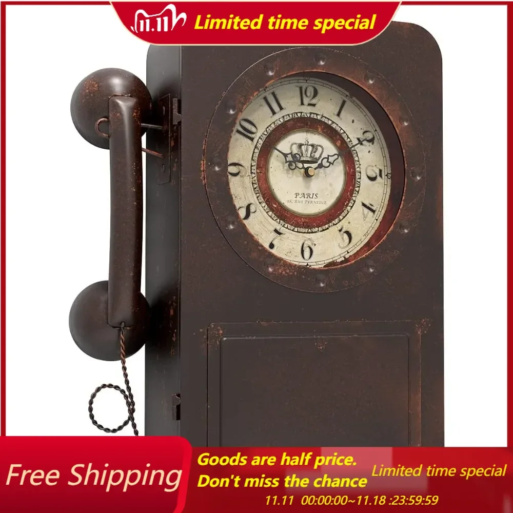 

Retro Old Telephone Wall Clock with Hidden Safe, Battery Operated Quartz Metal Wall Clocks, Large Rectangular Vintage Decor Cloc