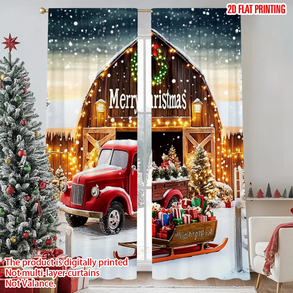 

2pcs 2D flat printing Christmas Window Drapes Vintage truck with snow scene Versatile Fabric Without Electricity Festive Holiday