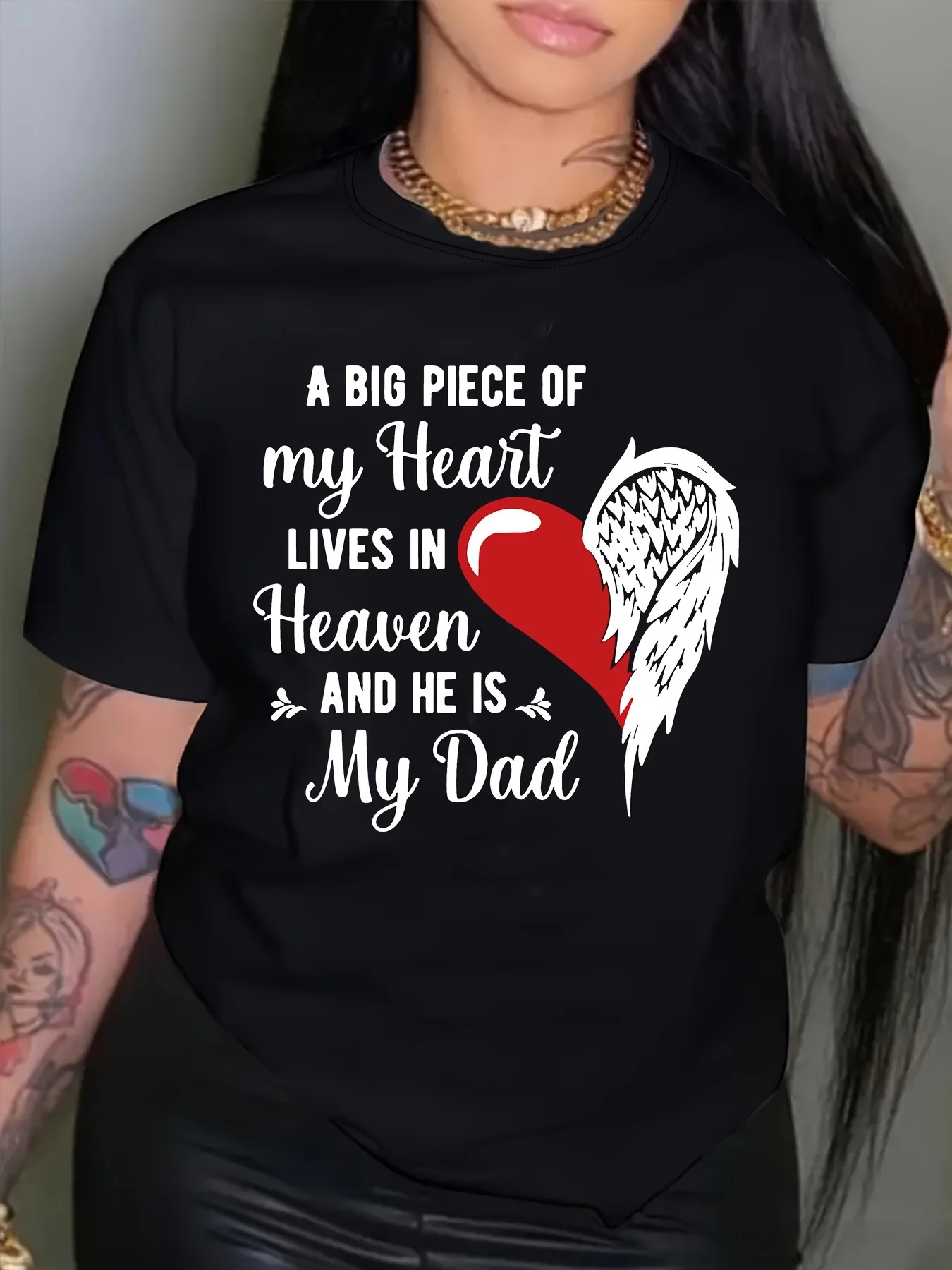 Comfy 'Heaven  Dad' Graphic Tee for Women Short Sleeve Crew Neck with Red Heart Angel Wings Design Breathable Casual Summer Top