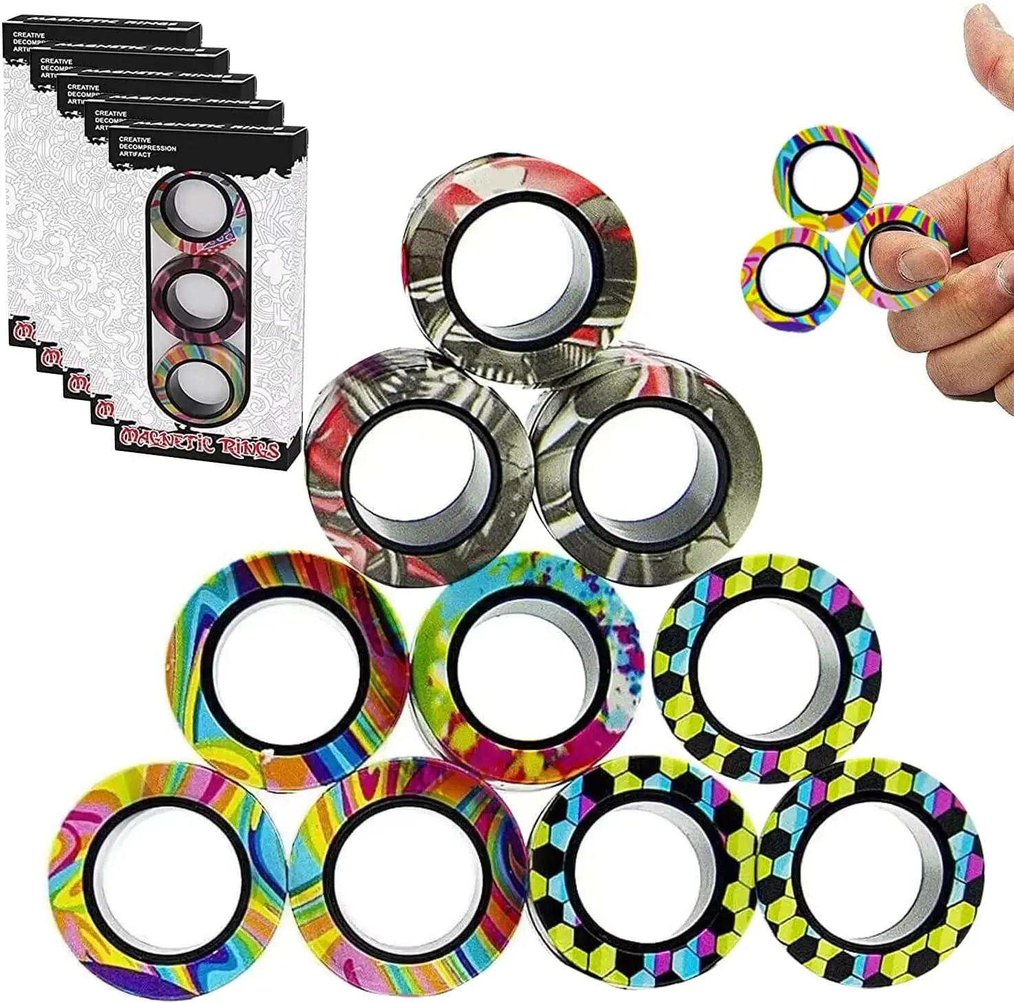 

12 Magnetic Fidget Rings Spinner Set - Stress Relief Toys for Kids & Adults, ADHD Focus, Classroom Prizes