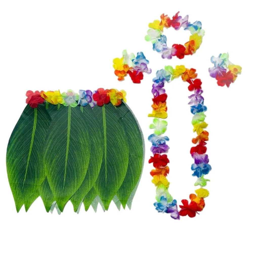 5Pcs Simulation Leaf Hawaiian Luau Outfit Set Hibiscus Wreaths Grass Skirt Complete Dance Outfit Hawaiian Garlands