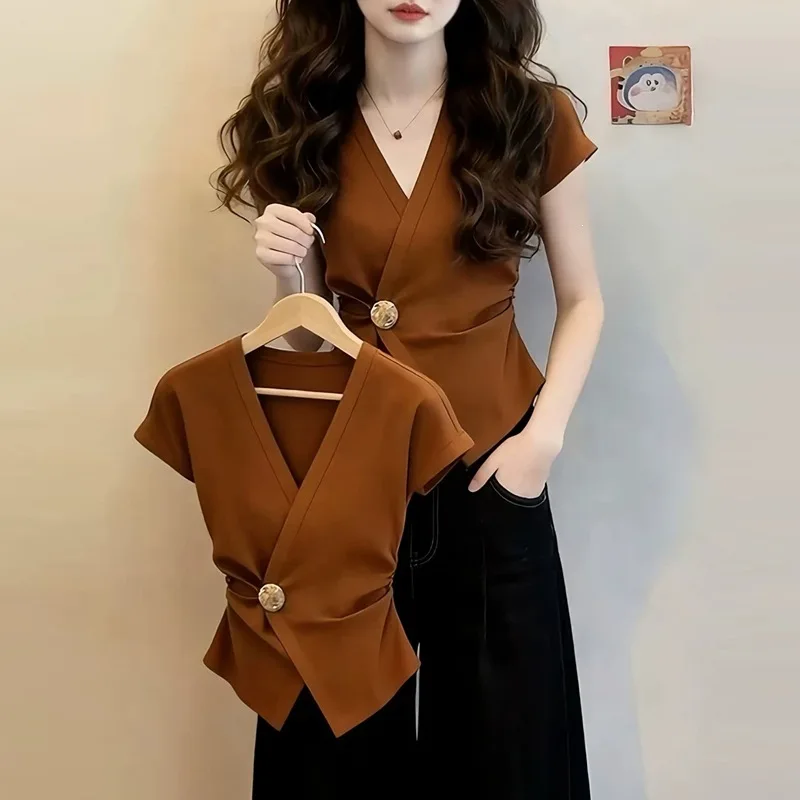 Vintage Coffee Brown Wrap V Neck Blouse Single Metal Button Ruched Waist Cap Sleeve Irregular Hem Top Women Elegant Office Shirt