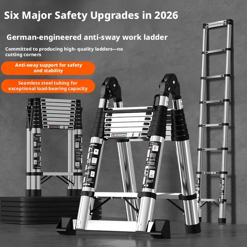 Stainless Steel Telescopic Adjustable Foldable Ladder-Portable Multi-functional Household Trestle Ladder For Hotel & Gym Use
