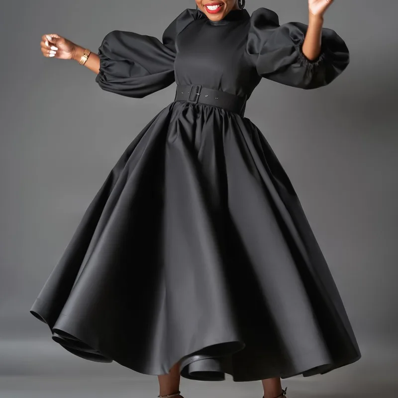 Puff Sleeve Elegant A-Line Pleated Dress Eevning Satin Fashion Wedding Guest Cocktail Long Dress Vintage Dress with Belt