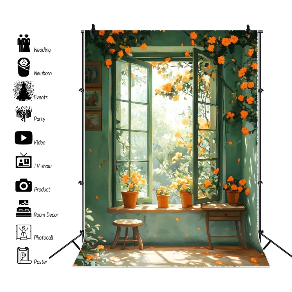 خلفية التصوير الفوتوغرافي الريفية 2026 نمط اللوحة الزيتية: الأخضر الطازج فناء شرفة الزهور فتاة صورة خلفية الصورة #3