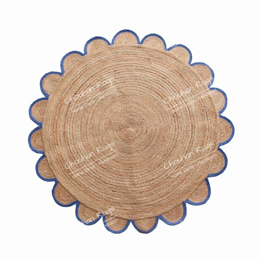 Handwoven Natural Jute Round Rug Hand Braided Scalloped Round Carpet Area Rug Carpets for Living Room Home Bedroom Decor