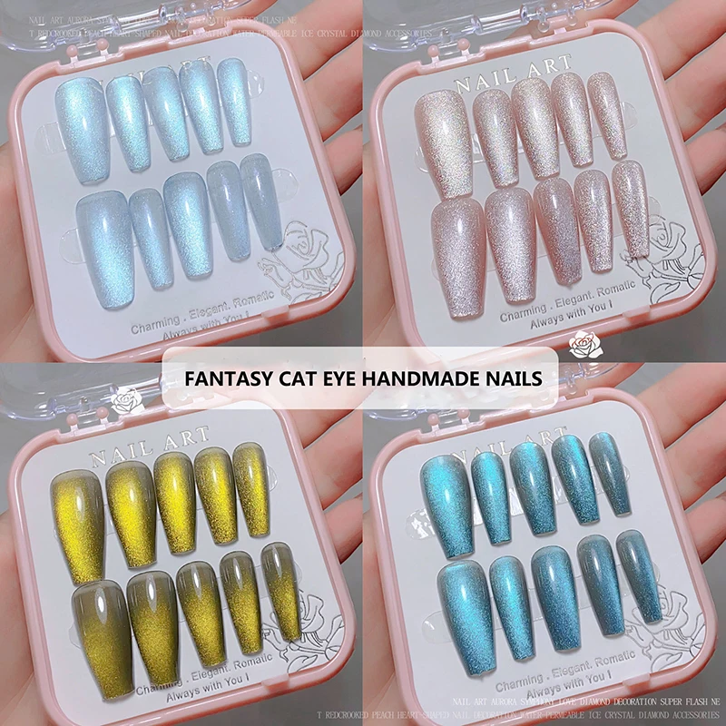 24pcs/box Crystal Cat Eye Shining Diamond Nail Patch Sparkling False Nail Press on Acrylic Nails Handmade Nail Wearing