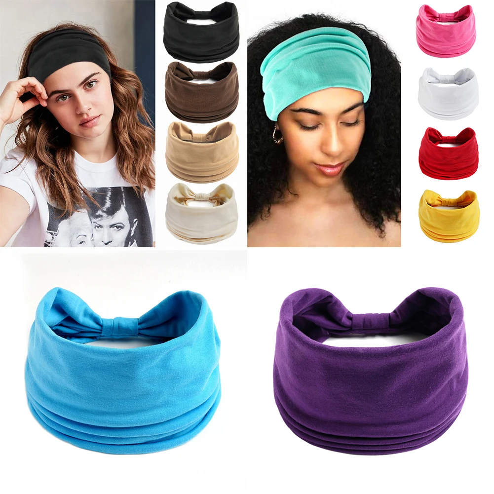 Turban Headwrap Solid Color Knot Wide Headbands for Women Soft Cotton Sports Elastic Hair Bands Accessories Yoga Bandana Bandage