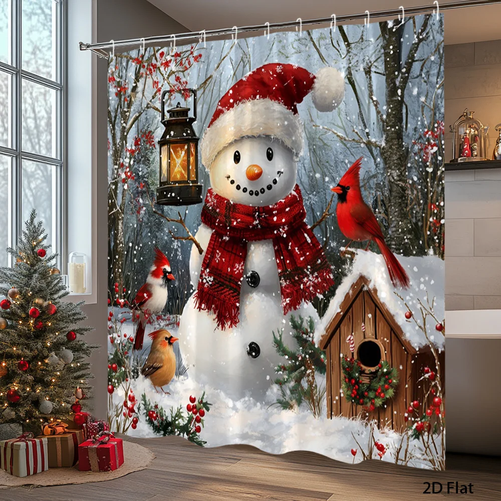 2D Flat, 2D Flat, 1pc a 2D Flat Shower Curtain Featuring a Christmas Design with a Snowman And Cardinals, Set in a Winter Scene