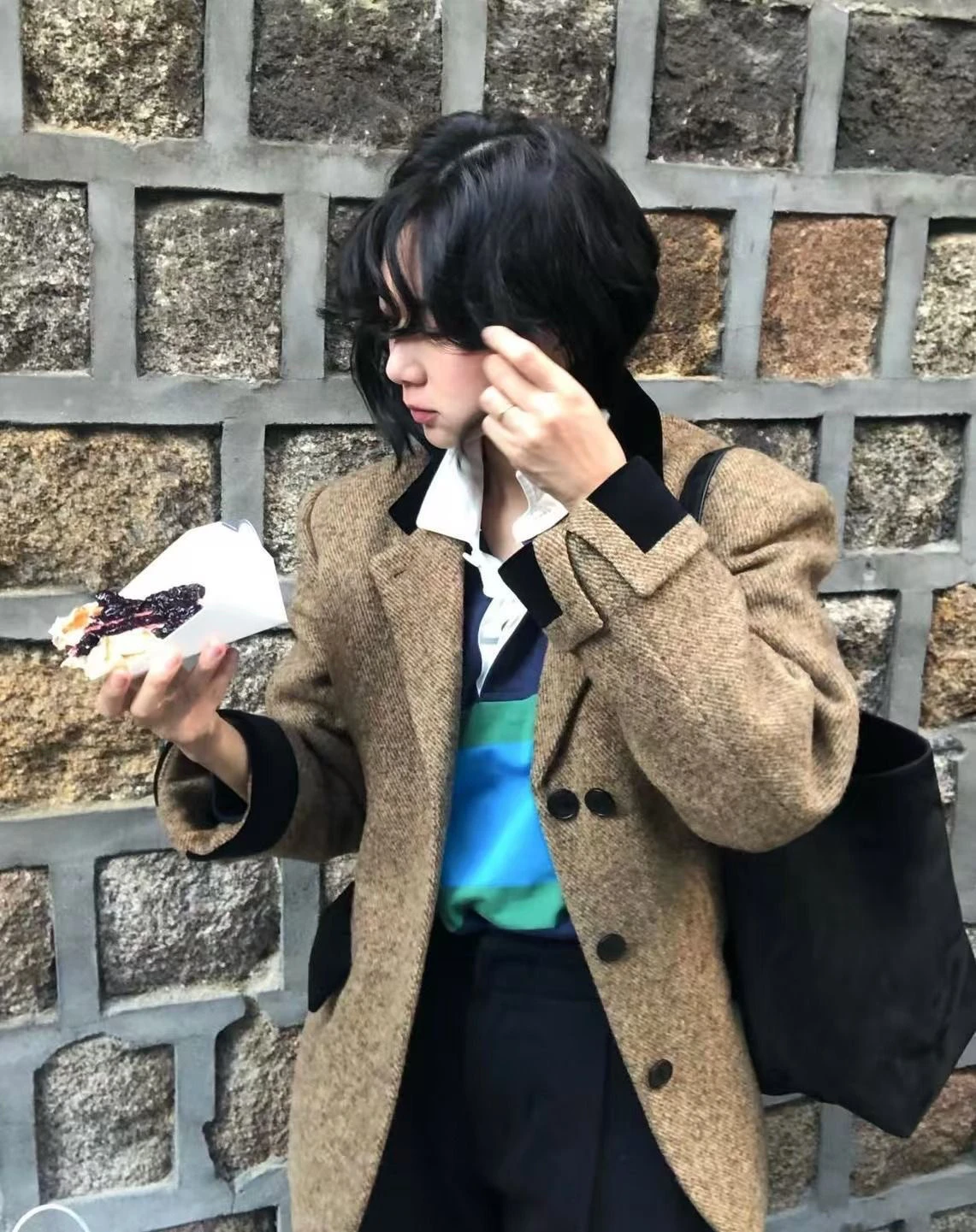 PREON Autumn Winter Wool Blend Color Blo Suit Jaet Women's Commute Sle Loose Fit Long Sve Single Button Closure