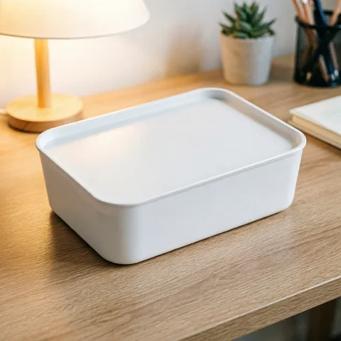 White Plastic Countertop Storage Containers 3‑Pack, Stackable Desktop Organizer Boxes With Dust‑Proof Lids, Makeup & Sundry Storage Holders
