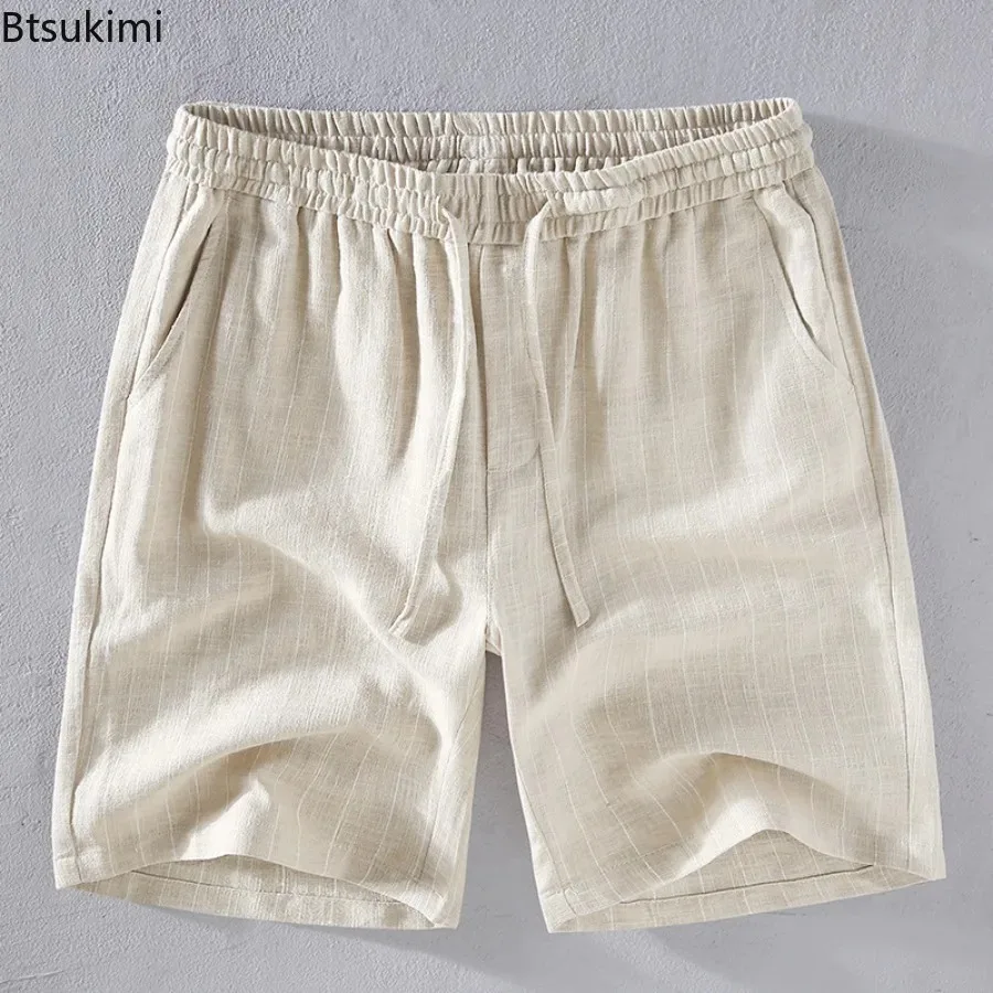 

Мужские летние хлопковые льняные шорты, однотонные повседневные дышащие спортивные штаны, винтажные шорты в полоску на шнурке, праздничные пляжные шорты для мужчин