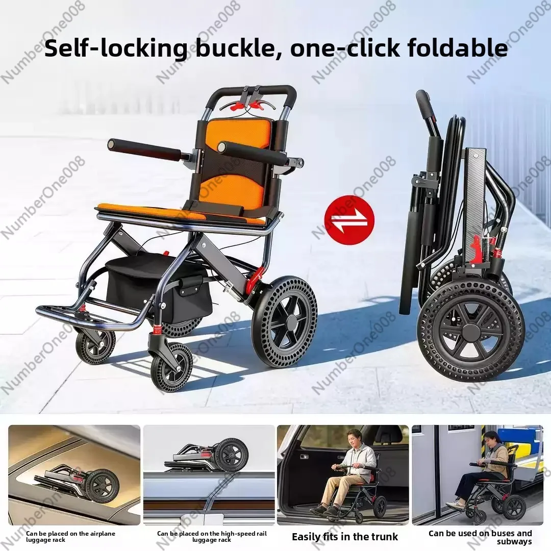 Wheelchair Ultra Lightweight Foldable Small Portable Travel Hand Push Belt Shopping Blue Scooter for The Elderly