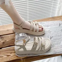 Footwear Open Toe Sandals for Woman with Low Heels Summer 2025 Buckles Women's Shoes Black Roman Style Platform Daily Sale F H