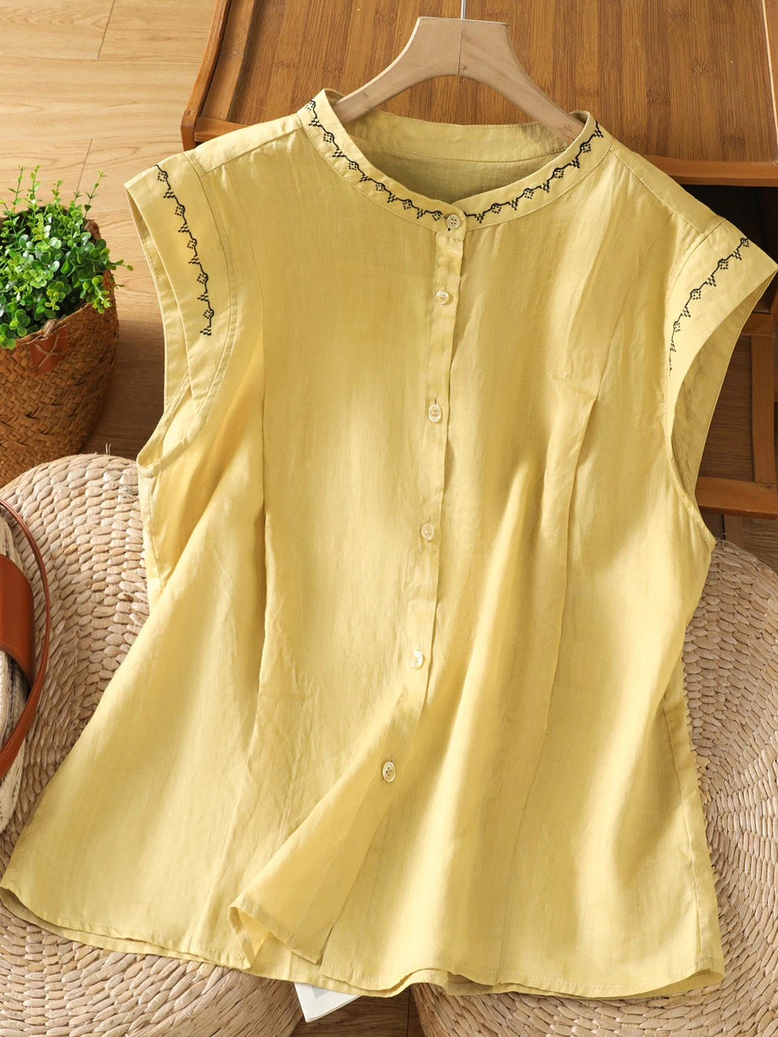 

Хлопково-льняной топ с вышивкой в стиле ретро, лето 2022, повседневный женский топ свободного покроя с воротником-стойкой ort Sve для больших размеров