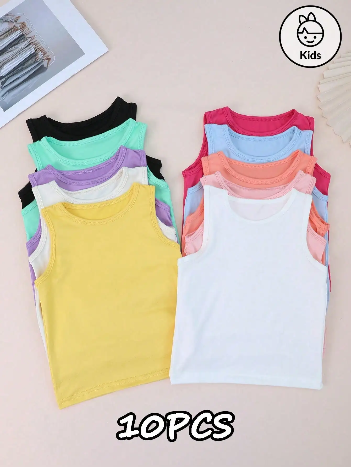 

10Pcs Kids Girls Tank Tops Set Solid Color Sleeveless Tees Polyester Spandex Soft Breathable Casual Vests for 2-11Years Children