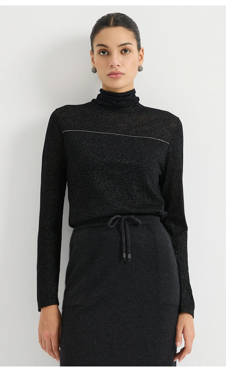 BY3621699 Damen-Pullover mit Rollkragen, Lurex-Strick, Wollmischung, Langarm, Brustnaht mit metallischem Glanz, dezenter Luxus für den Herbst – Detail 3