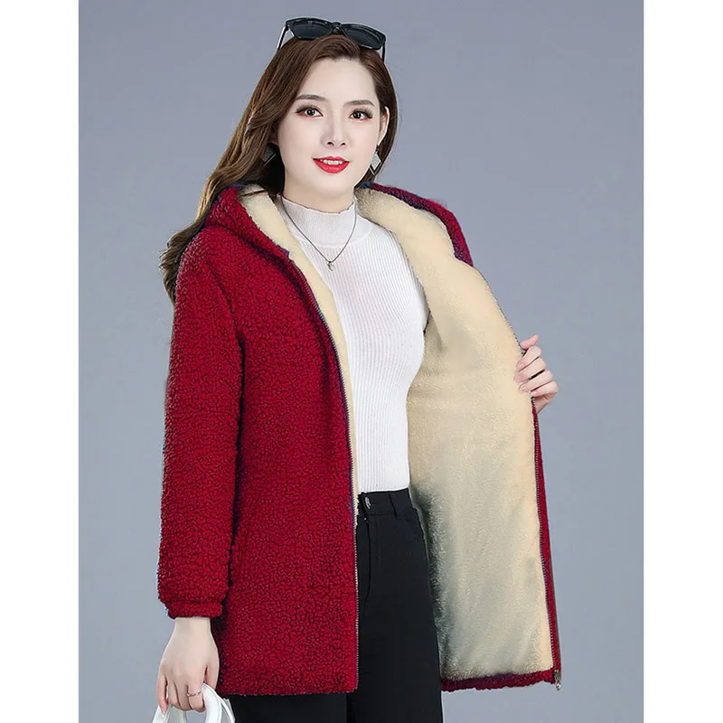 Lamb Wool Cotton Coat Jacket  Mid Length Winter Coat for Middle-aged and Elderly Women Thicken Warm Parka Coats Large Size