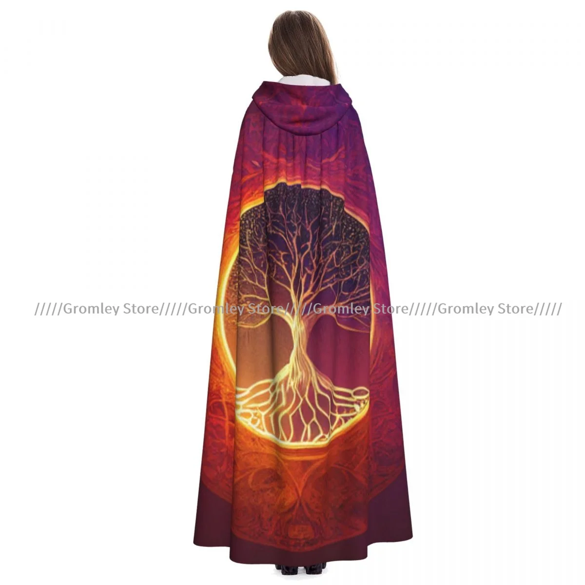 Medieval Halloween Cosplay Cloak Hooded Coat Tree Of Life Yggdrasil Cape Coat Long Trench Costume Wizard Cloak