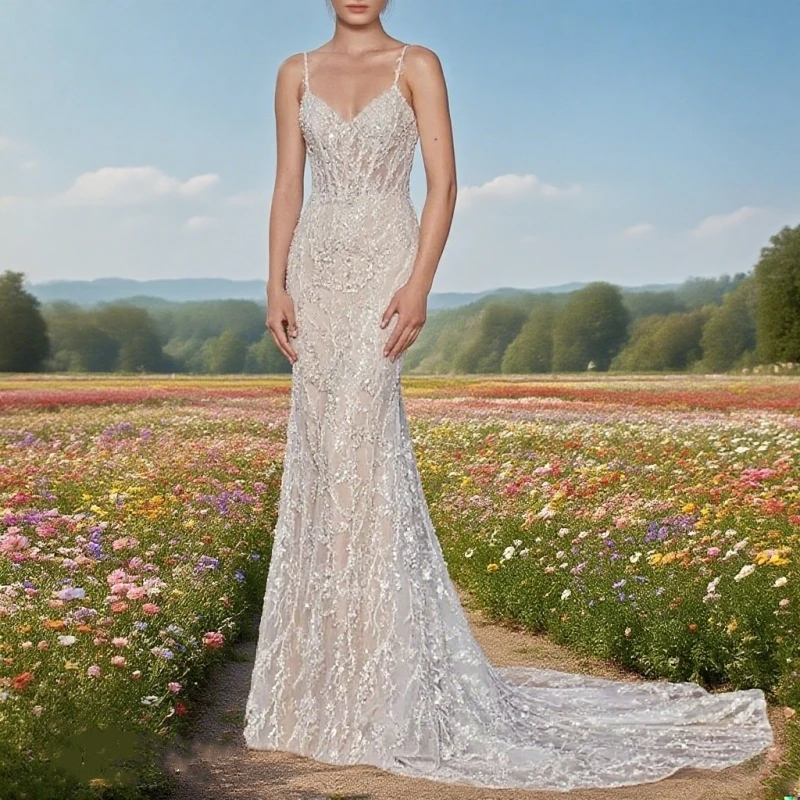 

Beach Spaghetti Strap Sleeveless Sweep Train Floor Length Backless Traditional Wedding Dress Charming High quality Customized