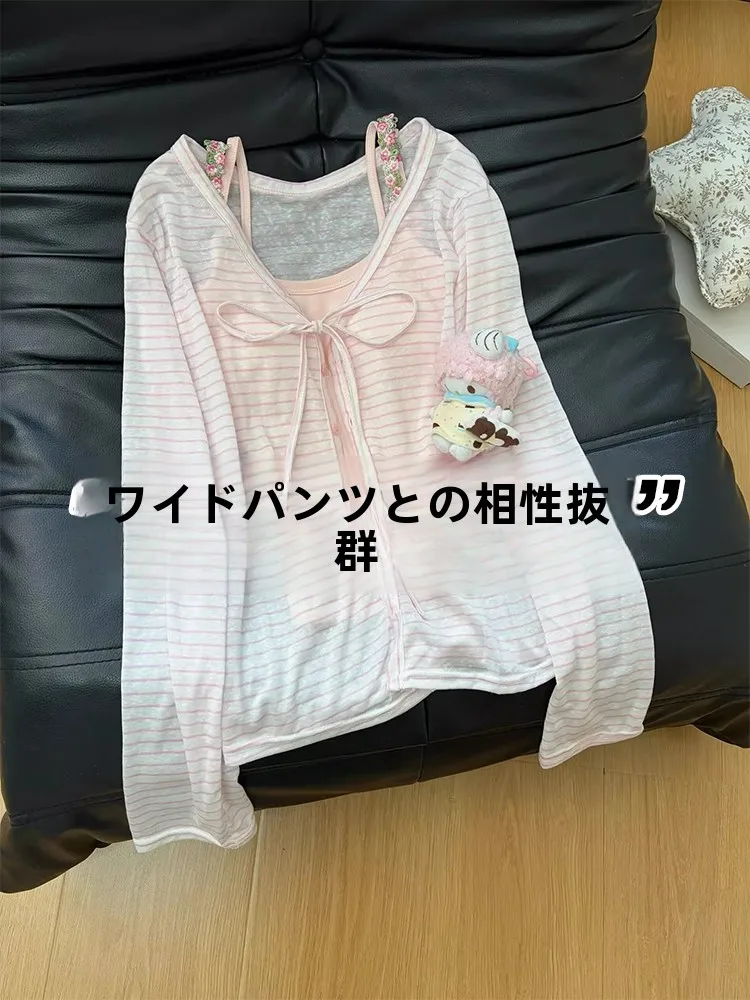 

Pink Striped V-Neck Women's Light Jacket Spring Summer Breathable Outerwear Sun Protection Short Sleeve Button Design Casual